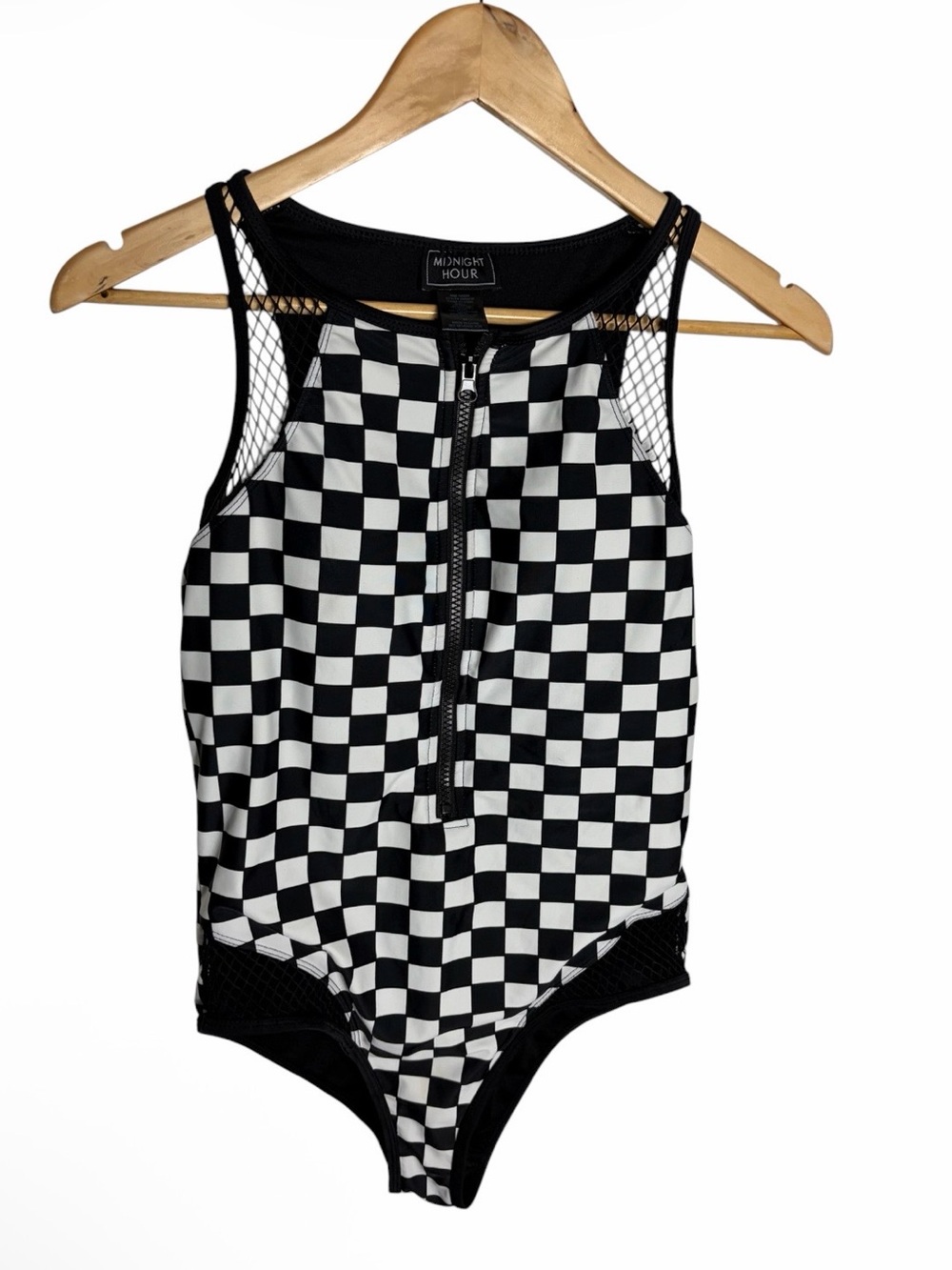 Black & white checkered with fishnet mesh zip front one piece swimsuit size M